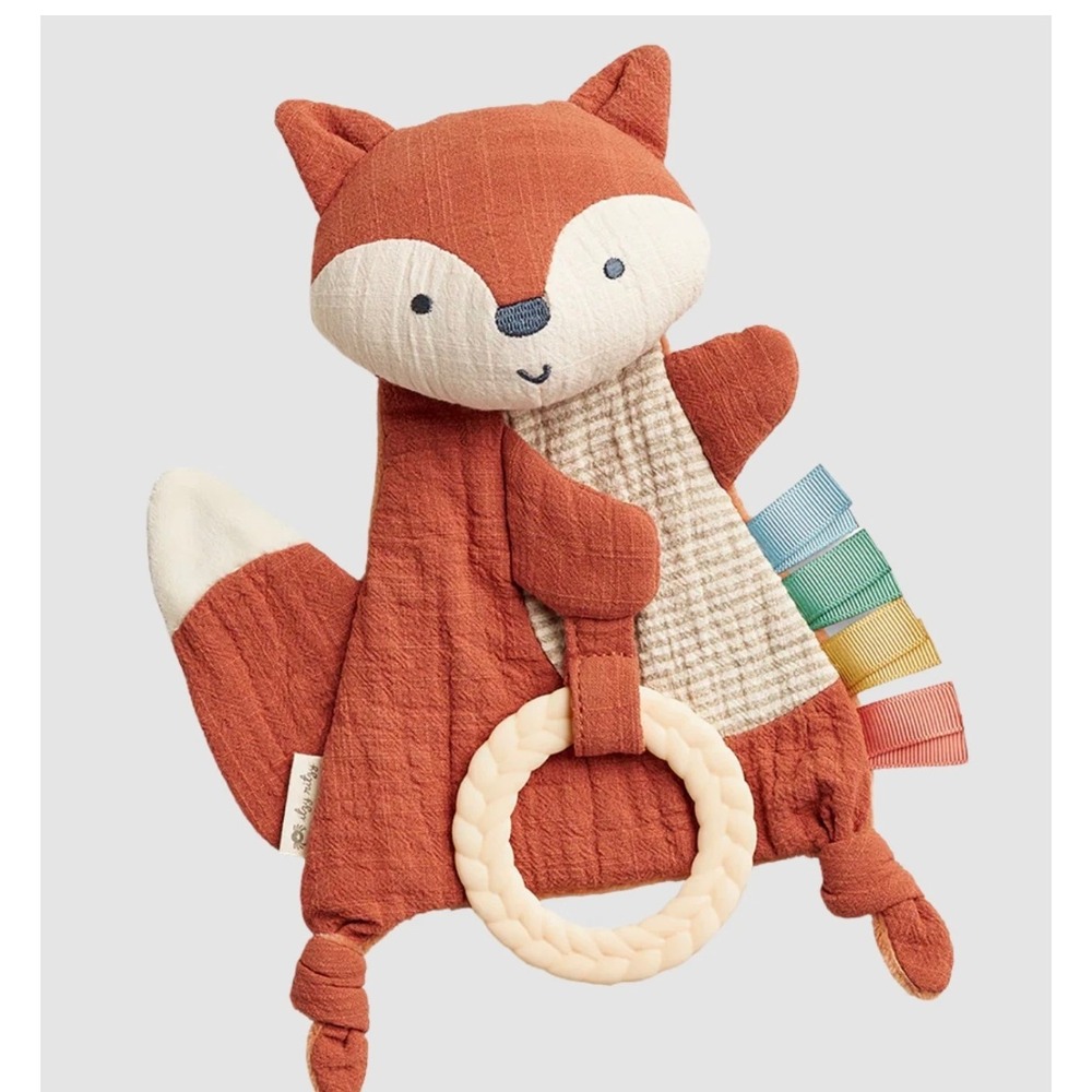 Itzy Ritzy Bitzy Crinkle Fox Sensory Toy with Braided Teether and Ribbons Rust